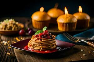 spaghetti with cherry sauce and berries on a plate. AI-Generated photo