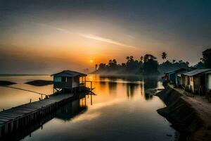 a beautiful sunrise over a river with small wooden huts. AI-Generated photo