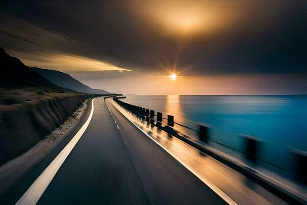 a long exposure photograph of a road with the sun setting over the ocean. AI-Generated
