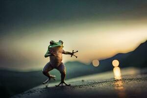 a frog standing on its hind legs on a road. AI-Generated photo