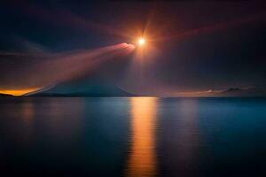 el Luna es brillante terminado un montaña y agua. generado por ai foto