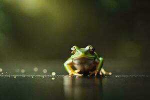 a frog sitting on a dark surface with a blurry background. AI-Generated photo