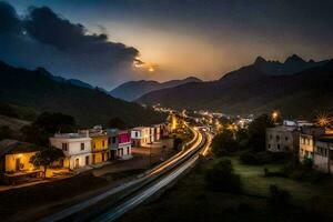 un pueblo a oscuridad con un tren paso mediante él. generado por ai foto