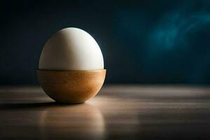 an egg in a wooden egg cup on a table. AI-Generated photo