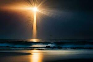 a cross is shining in the sky over the ocean. AI-Generated photo