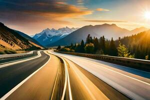 a highway with mountains in the background. AI-Generated photo