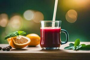 a glass of juice with a straw and oranges. AI-Generated photo
