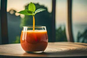 a glass of orange juice with a leaf on top. AI-Generated photo