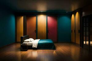 a bedroom with blue walls and wood floors. AI-Generated photo