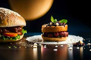 two hamburgers with toppings on a black table. AI-Generated photo