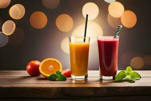 two glasses of juice with straws and fruit on a wooden table. AI-Generated photo
