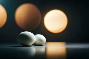 two white balls sit on a table in front of a light. AI-Generated photo