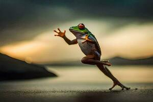 a frog jumping in the air on a beach. AI-Generated photo