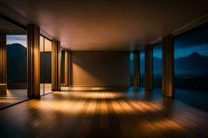 un habitación con un de madera piso y ventanas con vista a el montañas. generado por ai foto