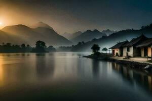 a house on the shore of a lake at sunrise. AI-Generated photo