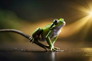 a frog sitting on a branch with the sun shining. AI-Generated photo