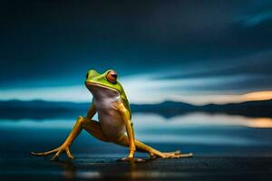 a frog sitting on the ground with a dark sky in the background. AI-Generated photo