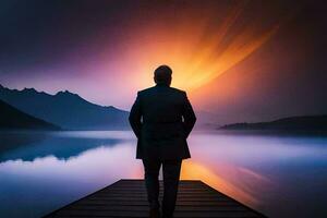 un hombre en un traje soportes en un muelle mirando a el puesta de sol. generado por ai foto