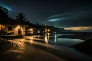 un largo exposición fotografía de un playa a noche. generado por ai foto