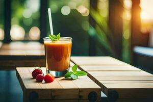 a glass of juice with strawberries and mint leaves on a wooden table. AI-Generated photo