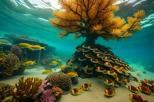 a coral reef with many fish and an orange tree. AI-Generated photo