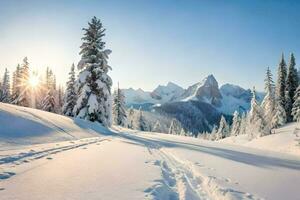 photo wallpaper the sky, snow, trees, mountains, sun, trees, the mountains, the. AI-Generated