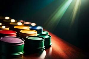 a table with many colorful tins on it. AI-Generated photo