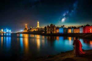 foto fondo de pantalla el cielo, noche, el ciudad, el río, el ciudad, el río,. generado por ai