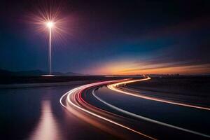 a long exposure photograph of a highway at night. AI-Generated photo