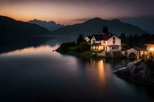 a house sits on the edge of a lake at dusk. AI-Generated photo