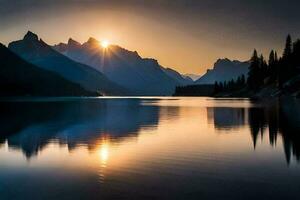 the sun rises over a mountain range and lake. AI-Generated photo