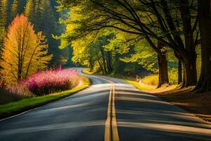 a long road with trees and colorful flowers. AI-Generated photo