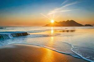 the sun rises over the ocean and the waves crash into the shore. AI-Generated photo