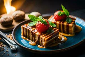 un plato con un rebanada de pastel con fresas y jarabe. generado por ai foto