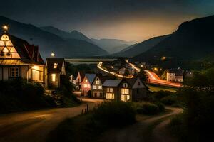 foto fondo de pantalla el cielo, camino, casas, montañas, noche, el aldea, camino, el. generado por ai