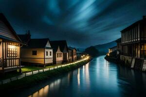 a river runs through a town at night. AI-Generated photo