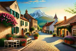 a street with flowers and a mountain in the background. AI-Generated photo