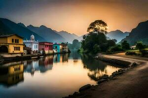a river in the mountains with houses and mountains in the background. AI-Generated photo