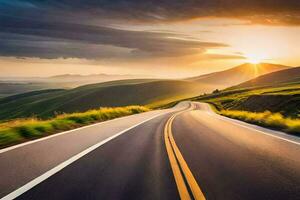 a road with the sun setting behind it. AI-Generated photo