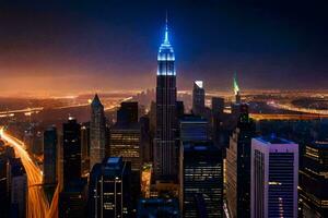 the empire state building is lit up at night. AI-Generated photo