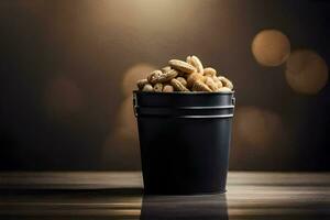 a bucket full of peanuts on a table. AI-Generated photo