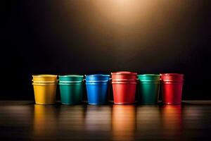 a row of colorful cups on a dark background. AI-Generated photo