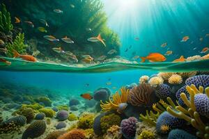 underwater scene with colorful corals and fish. AI-Generated photo