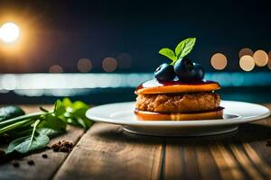 a plate with a burger and blueberries on it. AI-Generated photo