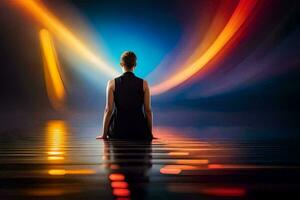 a woman sitting on the floor in front of a colorful light. AI-Generated photo