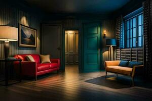 a dark room with a red couch and a lamp. AI-Generated photo