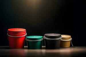 four colorful buckets on a table with a light behind them. AI-Generated photo