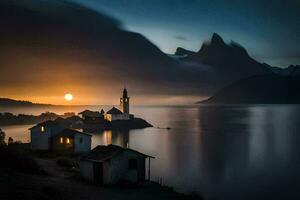 un Iglesia y un montaña en el antecedentes a puesta de sol. generado por ai foto