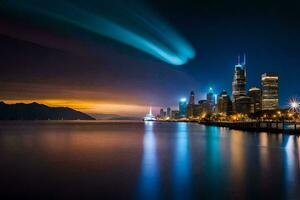 the chicago skyline at night with a light trail. AI-Generated photo