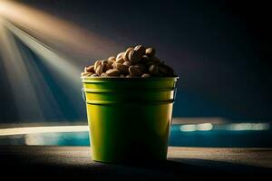 a bucket of peanuts sitting on a table. AI-Generated photo